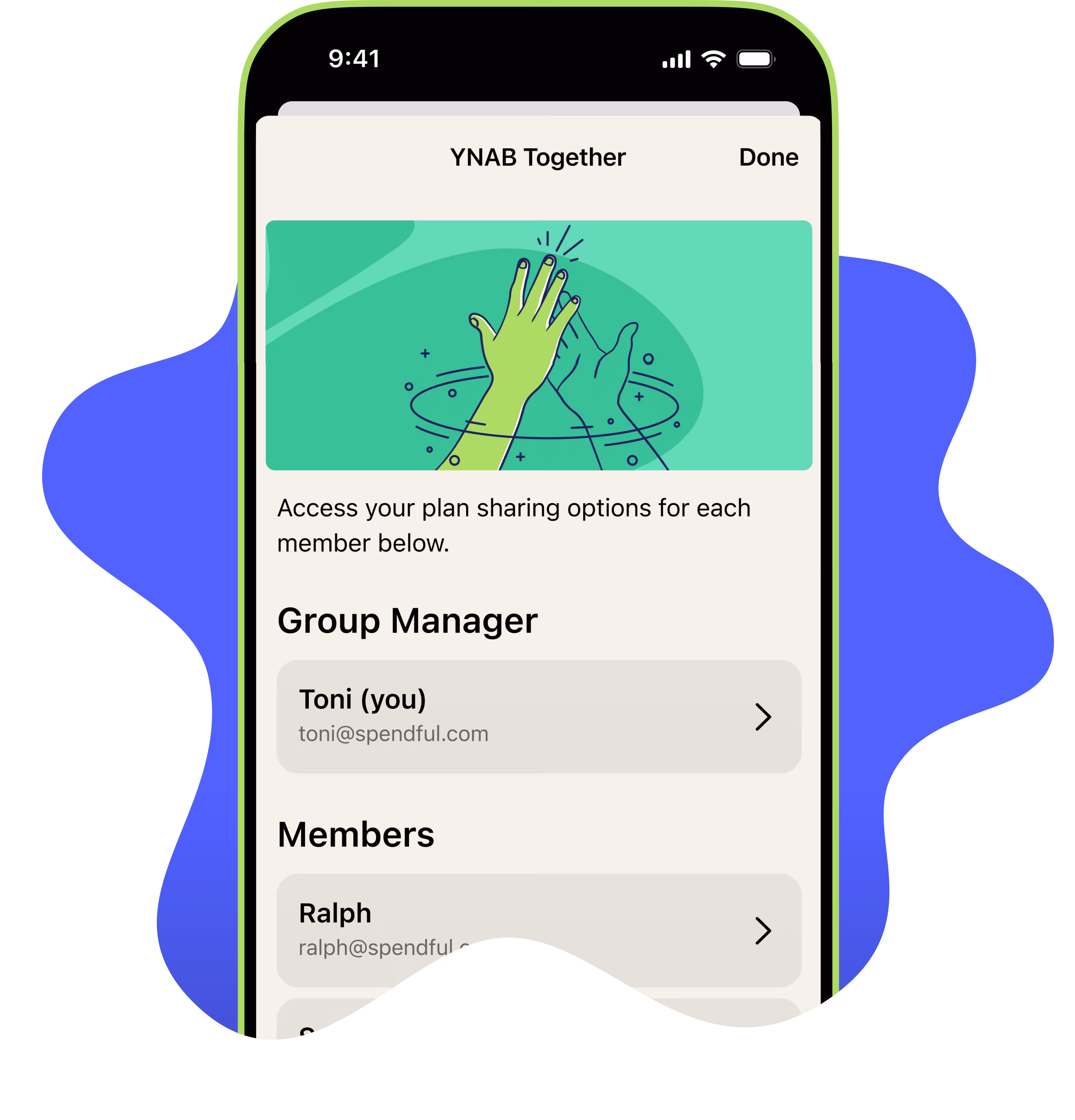 The YNAB Together Group Manager screen in the YNAB app
